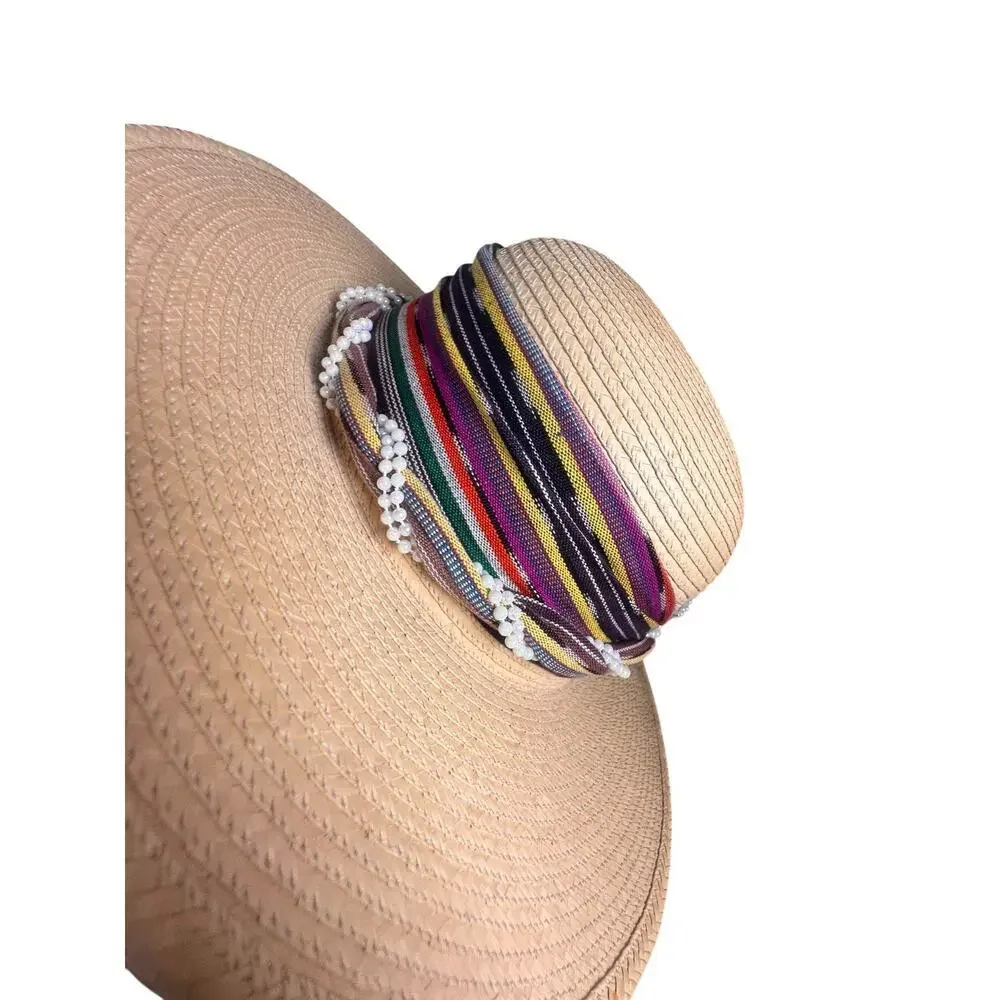 La Giralda Handcrafted Palm Leaves Sun Hat Sz 60 Multicolor Knot 90s Boho Resort - Picture 11 of 13